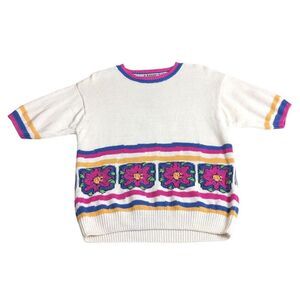 Vintage Levis Sweater Womens Small Floral Oversized Knit Short Sleeve 80s 90s